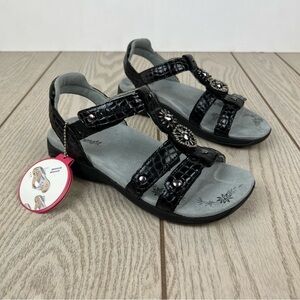 Therafit Charlotte Embossed Leather Jeweled Adjustable Sandals US6 Black $160